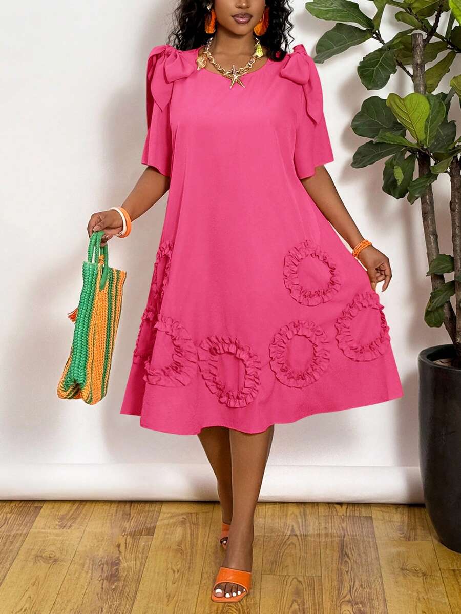 Slaydiva 大码蝴蝶结装饰贴片短袖休闲连衣裙 - 玫紅色 - 查看 1