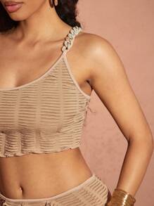 Vixey Top de un hombro con cadena y textura desgastada, ideal para vacaciones, vacaciones en la isla - Caqui - Ver 5