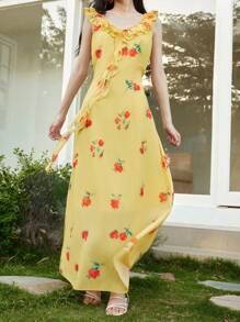 Celisse Women's Summer Casual Holiday Ruffled V-Neck Waisted Long Dress Beach Outfits For Woman