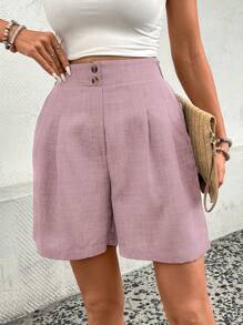 SHEIN LUNE Pantalones cortos casuales y holgados para mujer con diseño de botones lisos y bolsillos