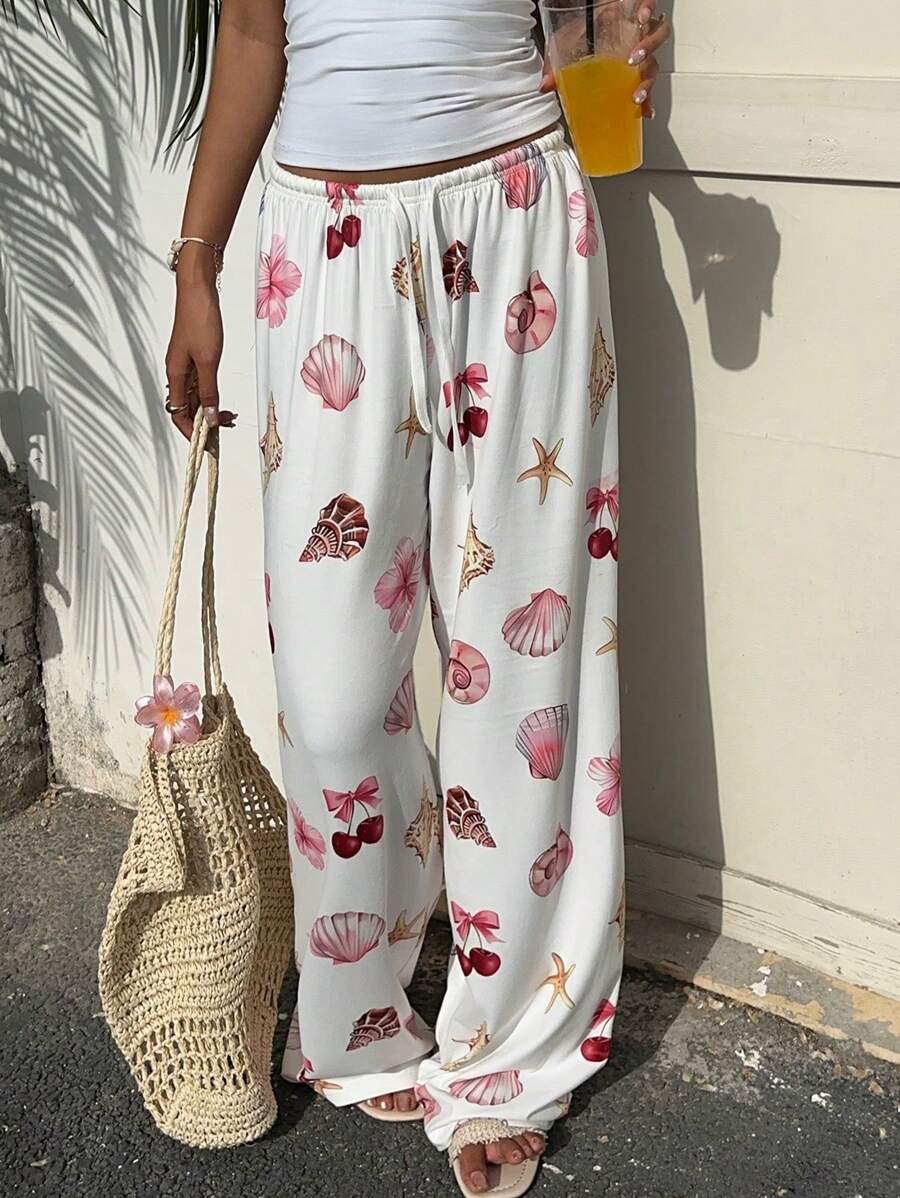 SHEIN EZwear Quần dài cạp rút họa tiết vỏ sò và quả anh đào ngày lễ mùa hè cho nữ - trắng - Xem 1