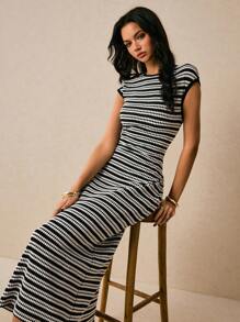Poéselle Women's Casual Striped Round Neck Cap Sleeve Dress, Summer - Black and White - View 6