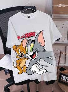 TOM & JERRY X SHEIN Men's Casual Cartoon Pattern Round Neck Short Sleeve Knit T-Shirt, Summer