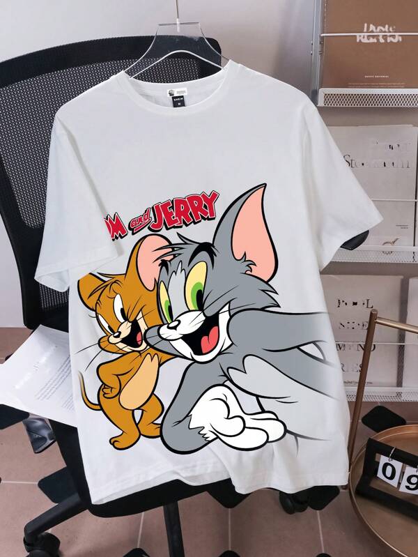 TOM & JERRY X SHEIN 男士休闲卡通图案圆领短袖针织T恤，夏季
