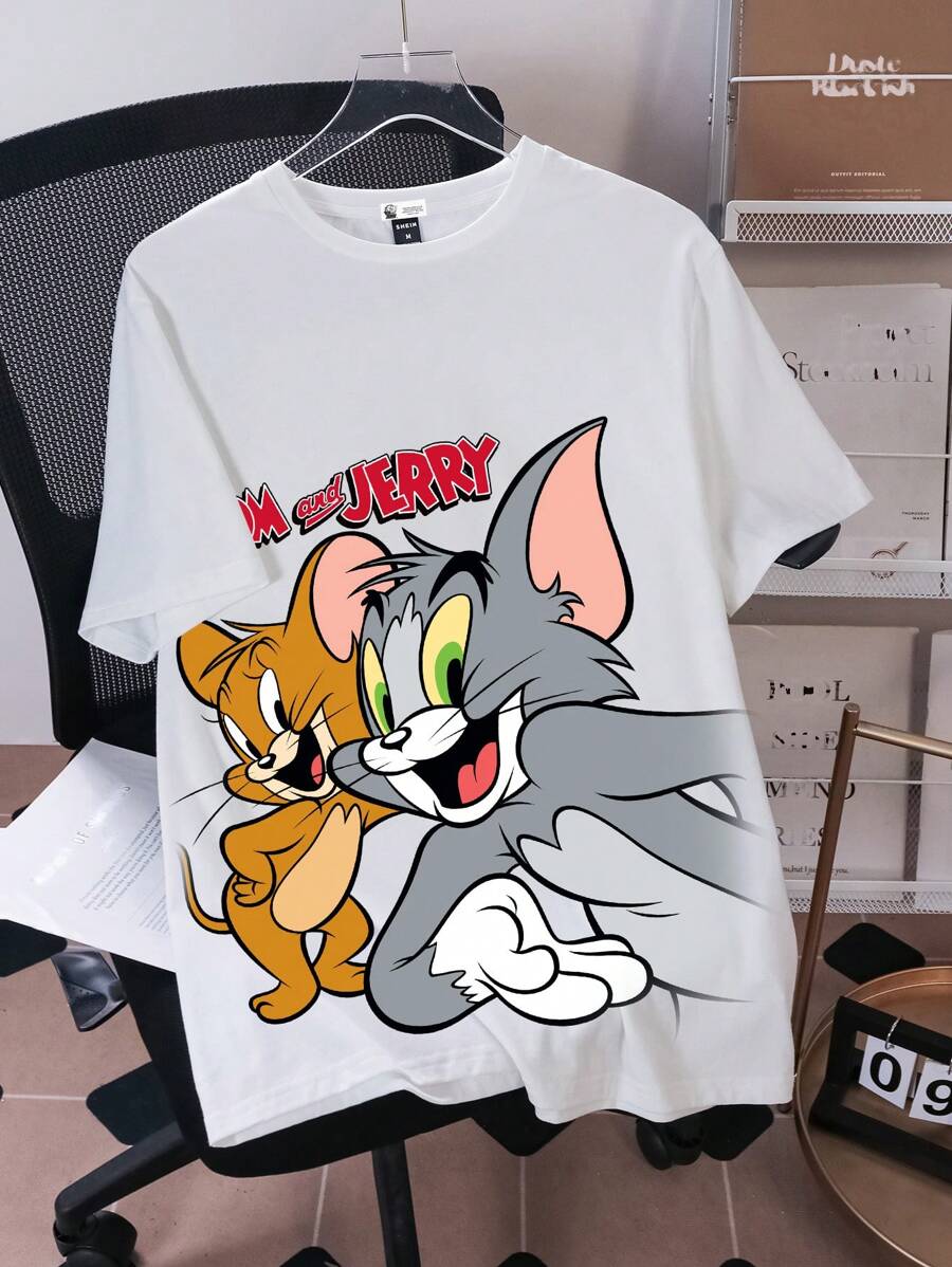 TOM & JERRY X SHEIN Men's Casual Cartoon Pattern Round Neck Short Sleeve Knit T-Shirt, Summer