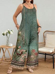 EMERY ROSE Mono holgado con bolsillos y estampado floral, estilo minimalista de vacaciones de verano para tallas grandes - Multicolor - Ver 4