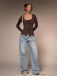 Glamine Elastic Knit Solid Color Round Neck Lace Up Cuffs Decorated Form-Fitting Casual Women T-Shirt Fall Cloth For Women