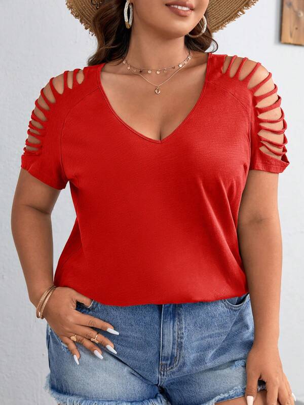 SHEIN VCAY Women Plus Size Summer Casual Hollow V-Neck Solid Color Short Sleeve T-Shirt