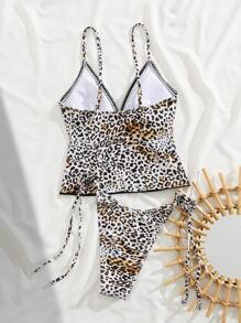 SHEIN Swim Tie-Dye Leopard Print Full-Width Beach Vacation Tankini Swimsuit Set With Side Ruffle Decor, Summer - Multicolor - View 3