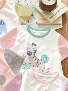 SHEIN 4 قطع فتاة رضيع مجموعة تشيرت كاجوال كم قصير بطبعات حيوانات جميلة، رقبة مستديرة، مناسب للربيع والصيف