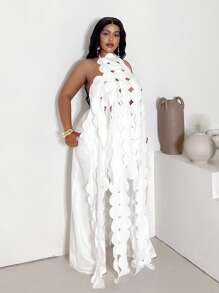 Veslaya White Romantic Laser Cut Top & Wide Leg Pants 2Pcs Set, Spring/Summer - White - View 4