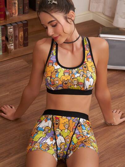 SCOOBY-DOO X SHEIN Conjunto de sujetador y ropa interior sin aros con estampado de dibujos animados para mujer
