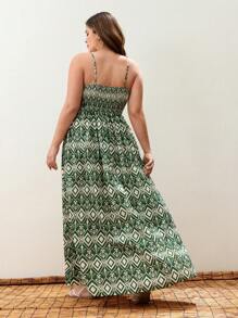 Maija Plus Size Women Geometric Print Drawstring Waist Sleeveless Casual Dress For Holiday - Green - View 2