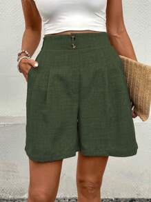 SHEIN LUNE Women's Solid Color Pleated Pockets Loose Casual Shorts Green Summer - Army Green - View 6