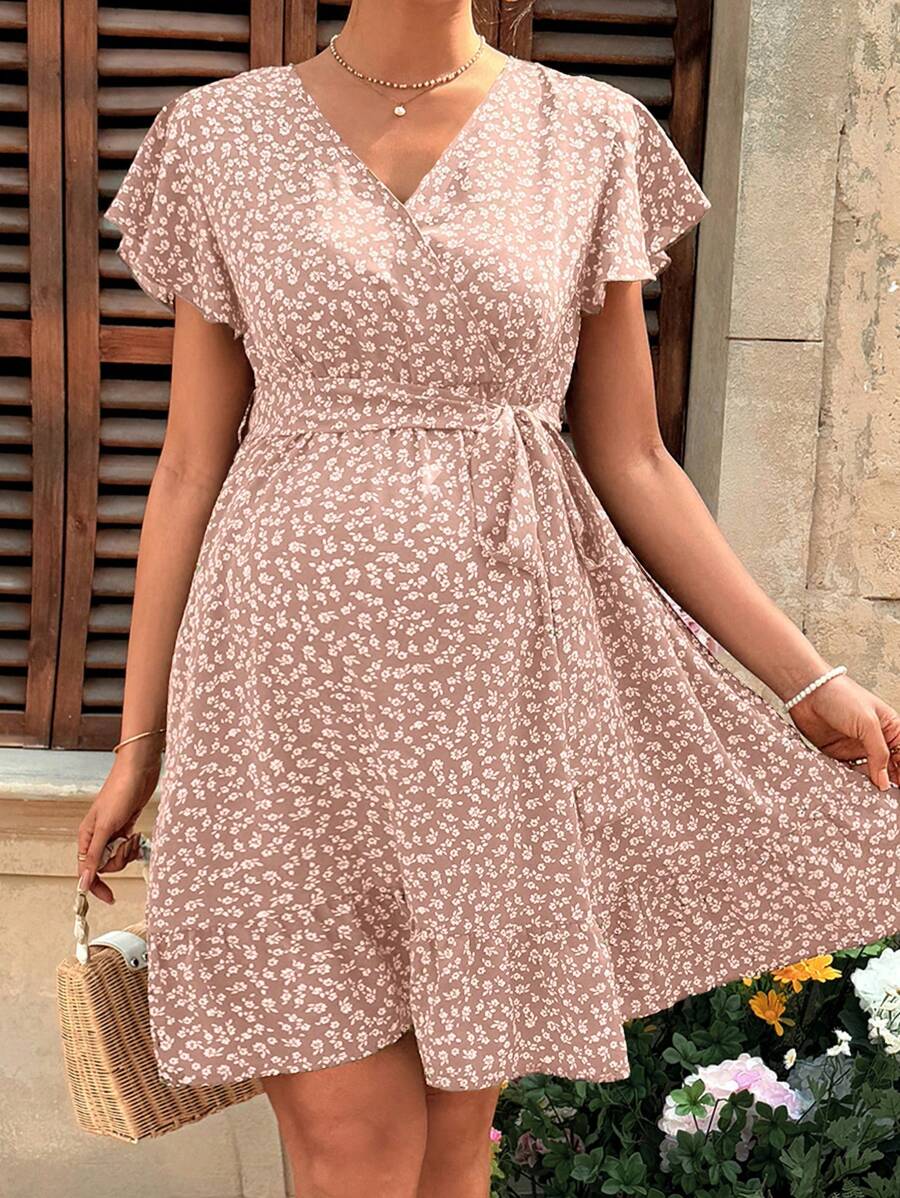 SHEIN Pregnant Woman's Ditsy Floral Ruffle Sleeve Casual Dress, Vacation Style - Dusty Pink - View 1