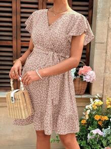 SHEIN Pregnant Woman's Ditsy Floral Ruffle Sleeve Casual Dress, Vacation Style - Dusty Pink - View 4