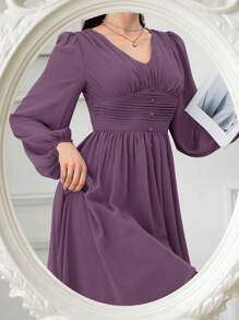 Modelyn 女士优雅纯色灯笼袖连衣裙