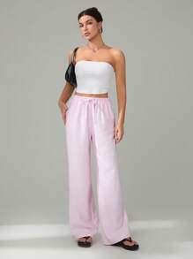 SHEIN Tall Pantalones largos de tejido de cintura baja con bolsillos de sesgo, cordón de ajuste de la cintura y unicolor para mujer