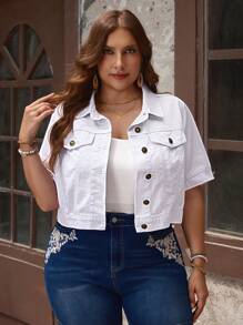 EMERY ROSE Plus Size Solid Color Single Breasted Short Sleeve Cropped Denim Jacket - White - View 6