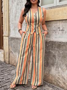 SHEIN LUNE Bộ quần áo sọc kẻ không tay cỡ lớn cho nữ và quần sọc màu lễ hội mùa hè Boho Old Money trang phục mùa hè cho phụ nữ trang phục nghỉ xuân Rave lễ hội trang phục nghỉ xuân quần áo mùa hè cho phụ nữ quà tặng Ngày của Mẹ Boho/Bohemia/Boho Quần áo nữ - Nhiều màu - Xem 5