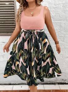 SHEIN VCAY Plus Size Botanical Print Square Neck Pocket Belted Sleeveless Dress,Summer Outfits For Women,Sun Dresses For Women - Baby Pink - View 4