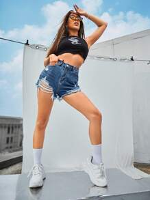 SHEIN ICON Ripped Raw Hem Denim Shorts
