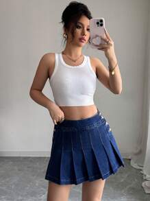 Elenzga 女式侧扣褶皱休闲牛仔迷你裙 - 藍色 - 查看 1