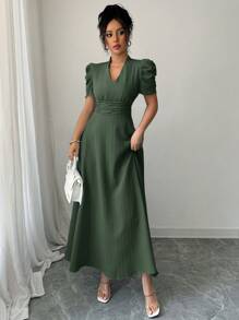 Selianne 女式泡泡袖收腰连衣裙 女式长款服装 - 墨綠色 - 查看 6