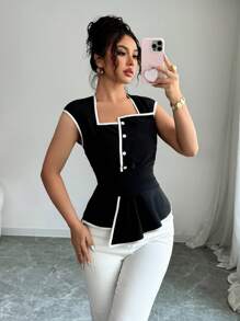 Selianne Áo cánh nữ không tay cổ vuông thiết kế bó eo viền loe thanh lịch thường ngày đi làm ngoài trời đa năng màu tương phản, xuân/hè - Đen và trắng - Xem 7