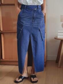 DAZY Women's Summer Casual High Slit Distressed Washed Denim Skirt With Large Pockets - Medium Wash - View 7