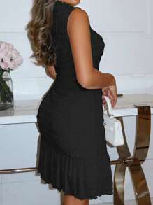 Xyvia Women's Textured Jacquard Fabric Solid Color Ruffle Hem Sleeveless Dress - Black - View 2