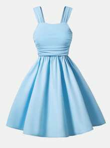 Sparklyn 时尚女孩法式无袖束腰中长连衣裙 - 淺藍色 - 查看 3