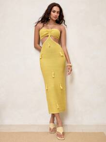 SHEIN LUNE Vestido elegante y sexy de mujer con decoración de flecos - Mostaza Amarilla - Ver 3