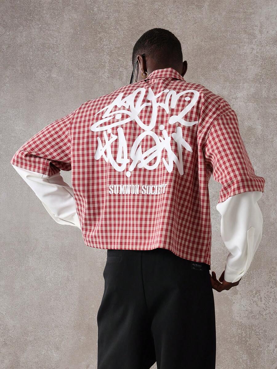 设计师格纹纽扣衬衫 Sumwon Society 街头服饰长袖分层外观高级时尚都市休闲现代酷炫 - 紅白色 - 查看 1