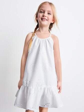 SHEIN Young Girls' Summer Casual Solid Color Hollow Out Embroidery Halter Dress