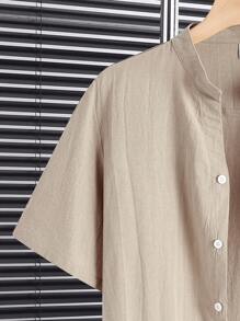 SHEIN Conjunto de 2 piezas para adolescentes, camisa de manga corta de tejido con cuello de pie y pantalones casuales, sueltos, versátiles y cómodos, de costo-efectivo