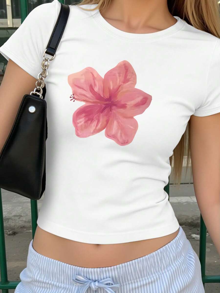 Camiseta corta informal con estampado de pintura floral y graffiti, cómoda para niña preadolescente, uso en playa/exteriores
