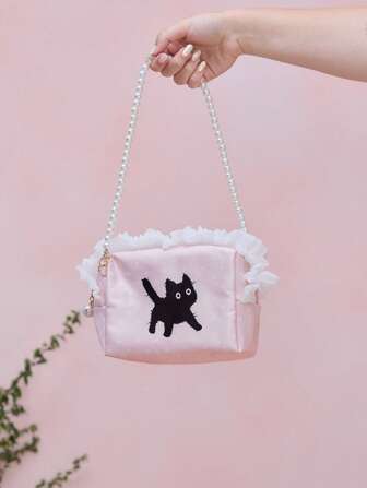 Kawaii Bolsa de cosméticos con cierre de cremallera, diseño de gato negro con puntos, encaje blanco y cuentas, gran capacidad, organizador portátil de maquillaje, estilo lindo y femenino