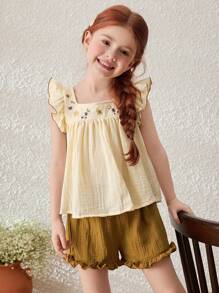 Blossori 2pcs Young Girls Linen Floral Embroidery Ruffle Sleeve Shirt And Shorts Set - Multicolor - View 7