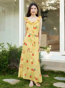 Celisse Women's Summer Casual Holiday Ruffled V-Neck Waisted Long Dress Beach Outfits For Woman