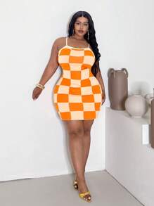 Slaydiva Abito casual a maglia aderente con fantasia a quadri e bretelle, taglie forti