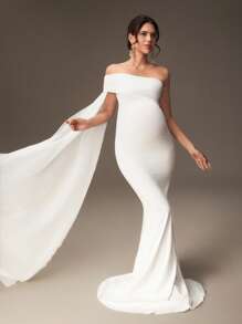 SHEIN Schwangere Frauen einfarbiges Kleid mit asymmetrischem Ausschnitt, elegantes Feenkleid, Fotoshoot-Outfit für Schwangerschaftsfotoshooting