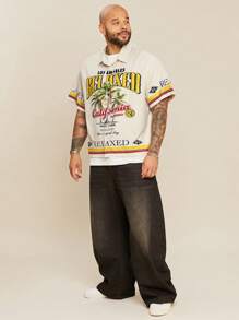 EASEVO Plus Size Men's Casual Woven Tropical Leaf & Letter Print Shirt, Suitable For Summer - Khaki - View 3