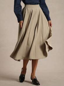 Briarwyn Casual Plain Woven Pleated Mid-Length Skirt For Women - Brown - View 3