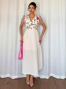 Chiquease Elegante vestido largo de moda con cuello en V, aplicaciones de encaje, estampado floral y de hojas - Albaricoque - Ver 3