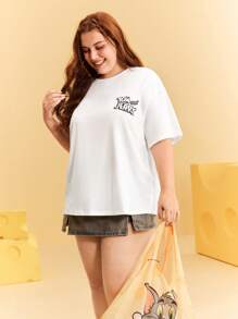 TOM & JERRY X SHEIN Plus Size Cartoon Mouse & Cat Print White Short Sleeve T-Shirt Cute T Shirts Women T Shirts Graphic Cute Graphic Tees Women Funny Graphic Tees Graphic T Shirt Summer / Summer For Women/ Summer / Cute Summer Tops Classic Casual Tee Rave Festival/ Rave/Festival/ Rave/ Festival For Women/ Country Concert/ Festival/ Concert/ C Concert Women/ Concert For Women/Rave/Rave Top