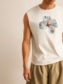 SWAVVY Men's Floral Print Round Neck Tank Top, White - White - View 4