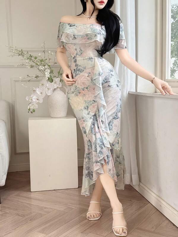 Feyla Elegant Romantic Floral Print Off Shoulder Ruffle Hem Women Dress Women Casual Dress Women Dresses Birthday Women S Clothes Women Birthday Outfit Woman S Summer Clothes,Graduation Dress,Elegant Dresses For Women