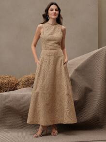 Anewsta 女士优雅刺绣无袖上衣和 A 字裙两件套，适合度假、春夏季、节日、毕业典礼 - 卡其色 - 查看 6