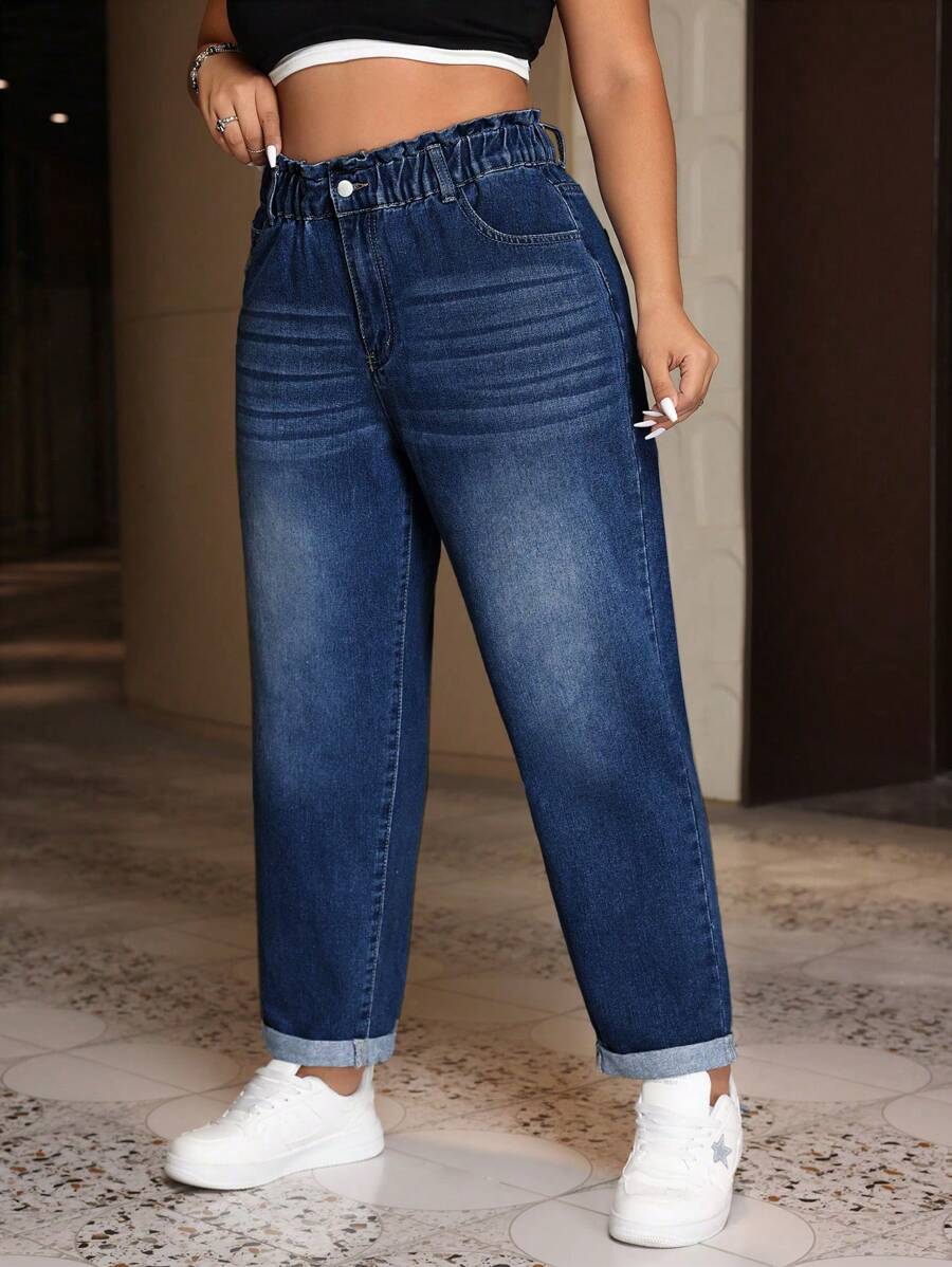 SHEIN ICON 大码女式口袋锥形休闲百搭牛仔裤